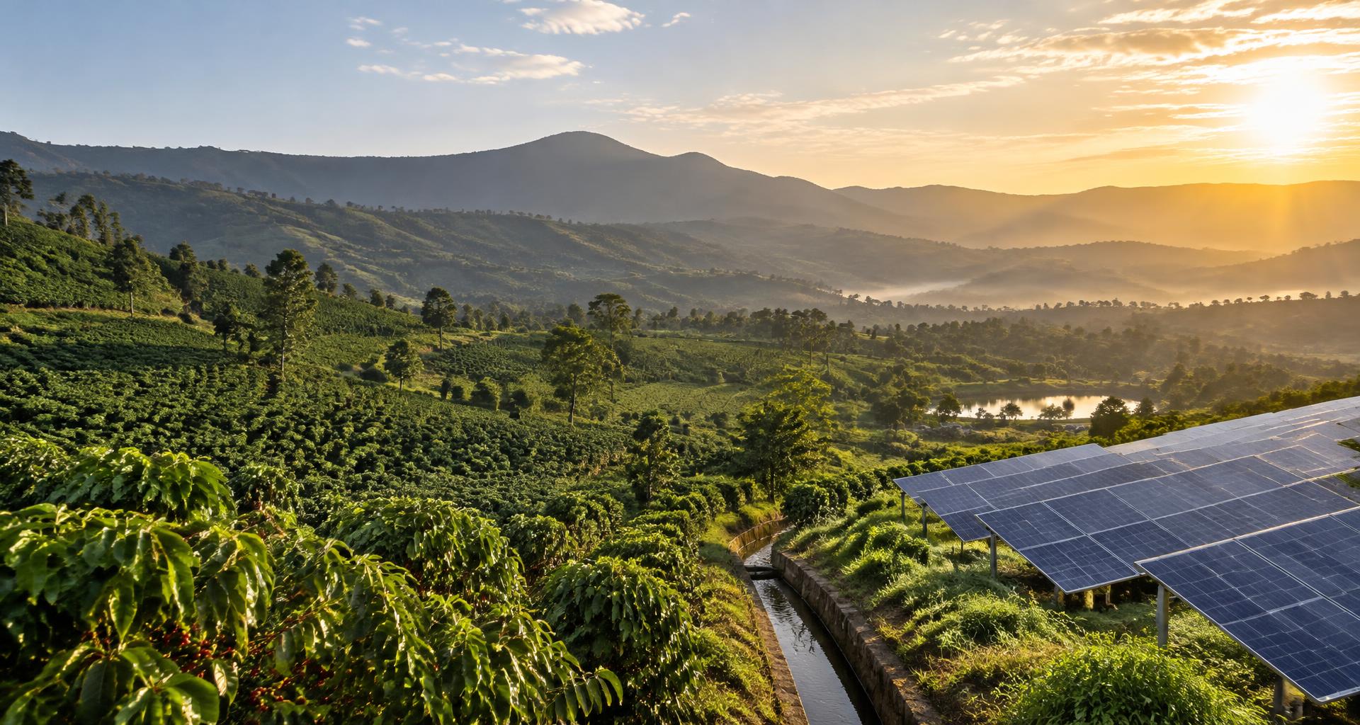 Ethiopian green highlands and solar panels overlooking fertile farmland